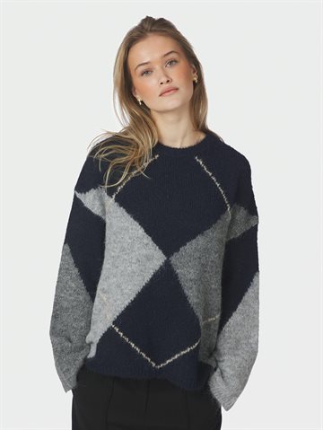 Neo Noir - Inga Check Fluff Knit Blouse - Navy