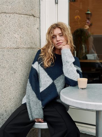 Neo Noir - Inga Check Fluff Knit Blouse - Navy