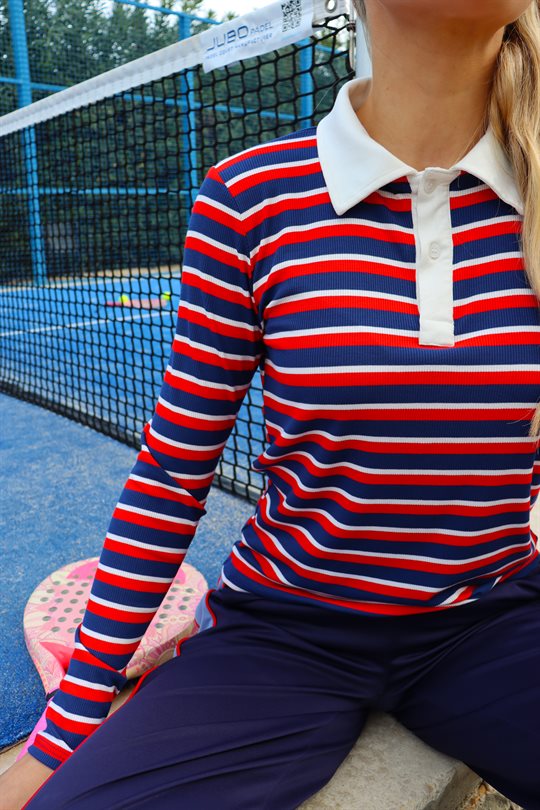 Liberté - Natalia Ls Polo Blouse - Navy Red White Stripe