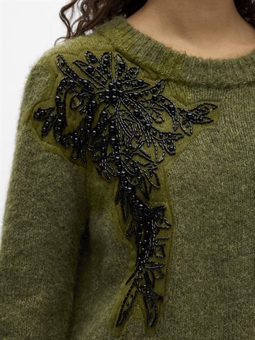 Object - Melea Ls Knit Pullover - Olive Melange