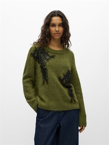Object - Melea Ls Knit Pullover - Olive Melange