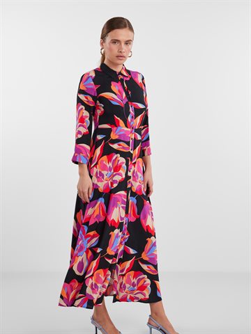 Y.A.S - Fima LS Long Shirt Dress - Black Flower Print